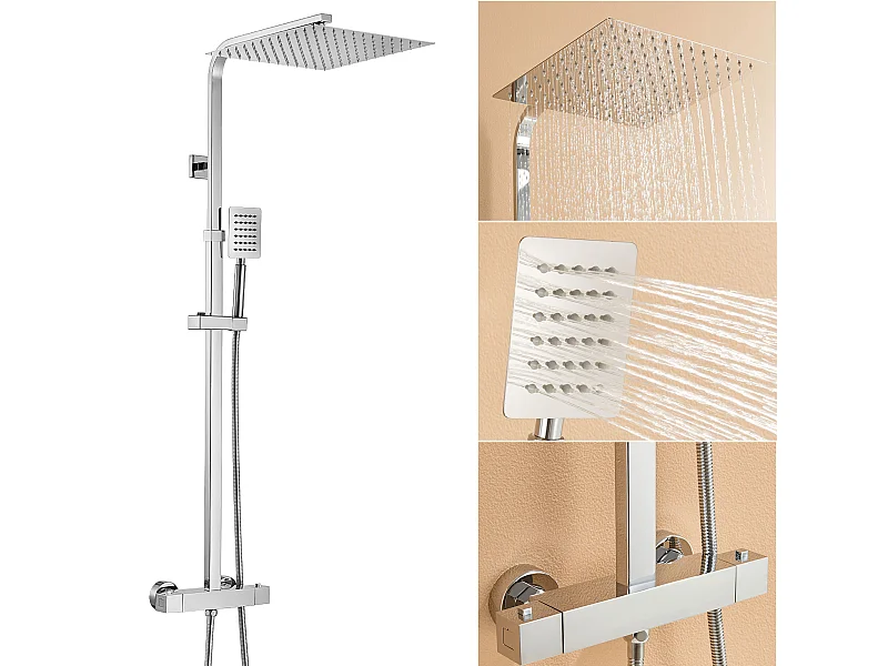 Auralummax Thermostat-Duschsäule, höhenverstellbar zwischen 96 und 130 cm, Badewannenarmatur mit 30 x 30 cm Duschkopf, für Badezimmer, Chrom