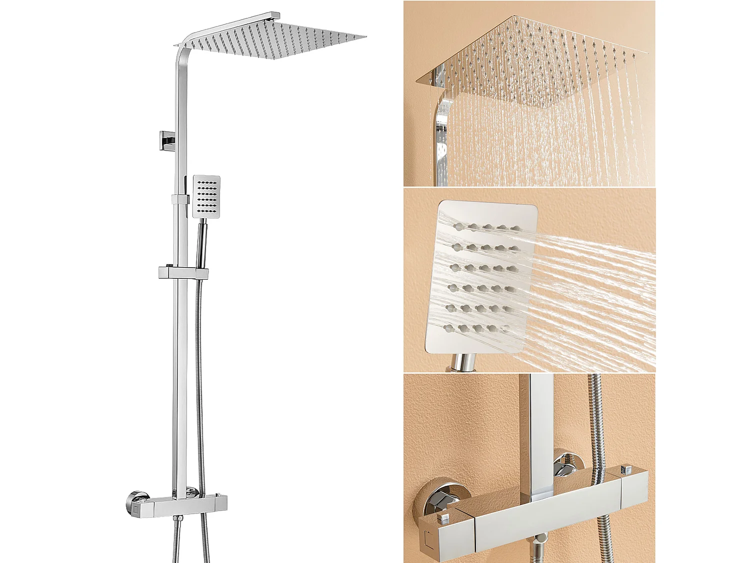 Auralummax Thermostat-Duschsäule, höhenverstellbar zwischen 96 und 130 cm, Badewannenarmatur mit 30 x 30 cm Duschkopf, für Badezimmer, Chrom