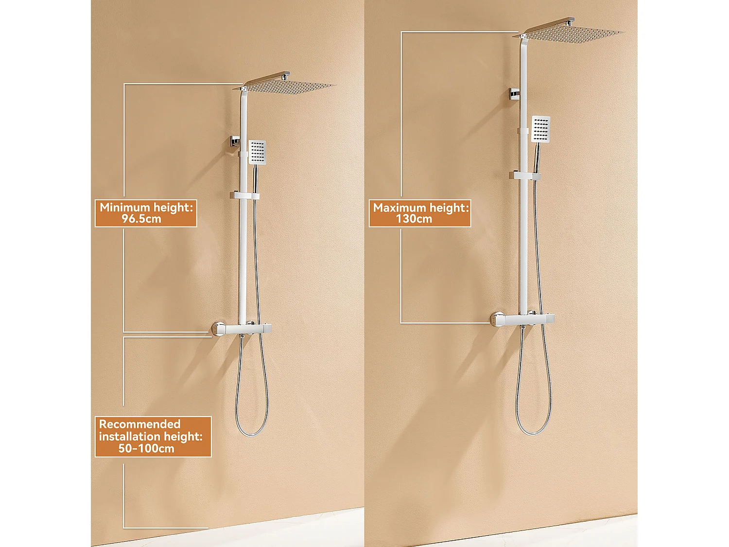 Auralummax Thermostat-Duschsäule, höhenverstellbar zwischen 96 und 130 cm, Badewannenarmatur mit 30 x 30 cm Duschkopf, für Badezimmer, Chrom