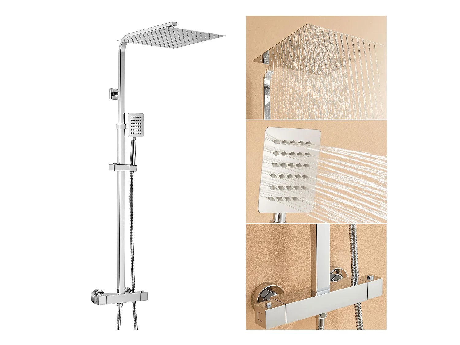 Auralummax Colonne Douche Thermostatique Hauteur Réglable entre 96-130cm, Mitigeur Baignoire avec Pommeau de Douche 30x30CM, pour Salle de Bain,Chromé