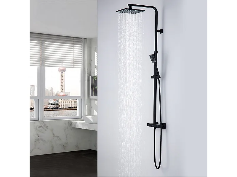 Schwarze Thermostat-Duschsäule, Messing-Mischbatterie, Duschset, Thermostatmischer mit Duschkopf und Handbrause, höhenverstellbar