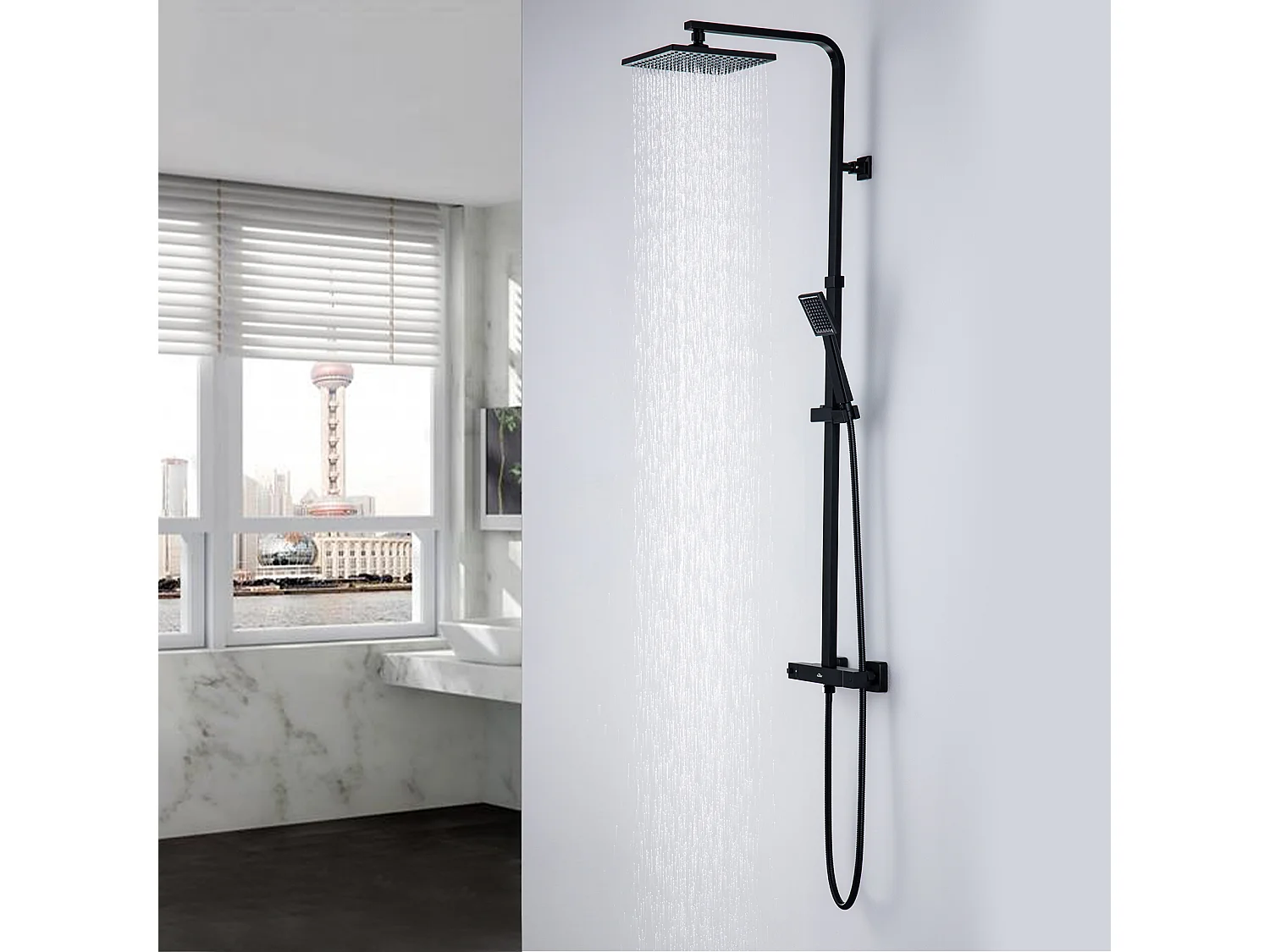 Colonne de Douche Thermostatique Noir Ensemble de Douche Mitigeur en Laiton Mitigeur Thermostatique avec Tête de Douche et Douchette Hauteur Réglable