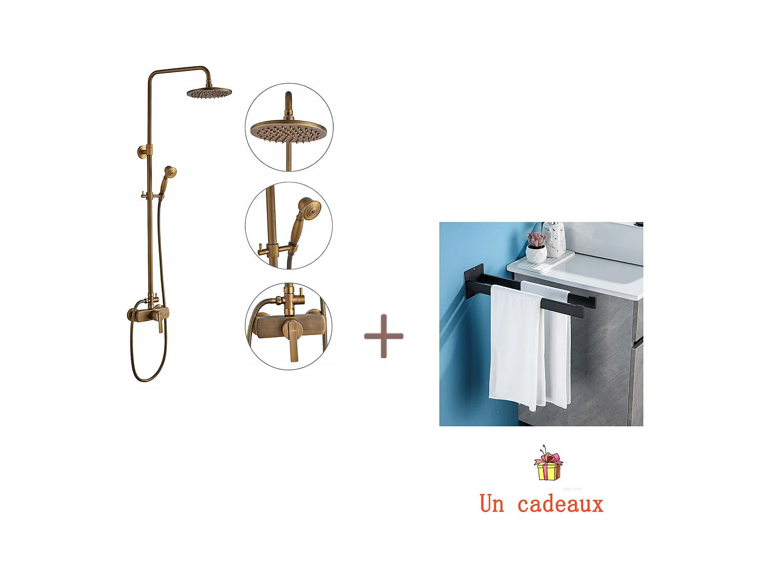 Colonne douche en laiton Bronze Rétro,Douche avec Mitigeur Mécanique,Hauteur Réglable+Porte Serviette Salle Bain Adhésif,Barres Porte Serviettes,Noir