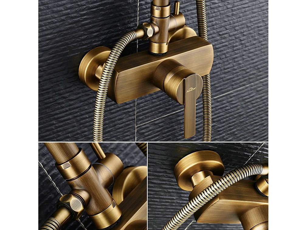 Colonne douche en laiton Bronze Rétro,Douche avec Mitigeur Mécanique,Hauteur Réglable+Porte Serviette Salle Bain Adhésif,Barres Porte Serviettes,Noir