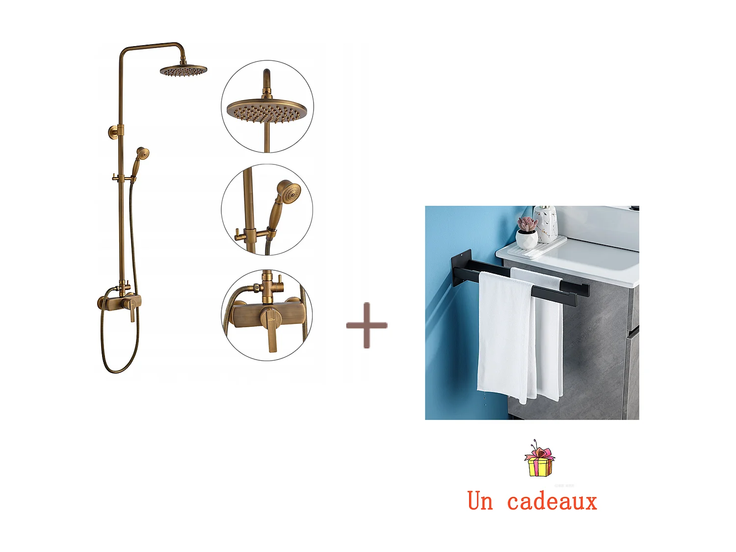 Colonne douche en laiton Bronze Rétro,Douche avec Mitigeur Mécanique,Hauteur Réglable+Porte Serviette Salle Bain Adhésif,Barres Porte Serviettes,Noir