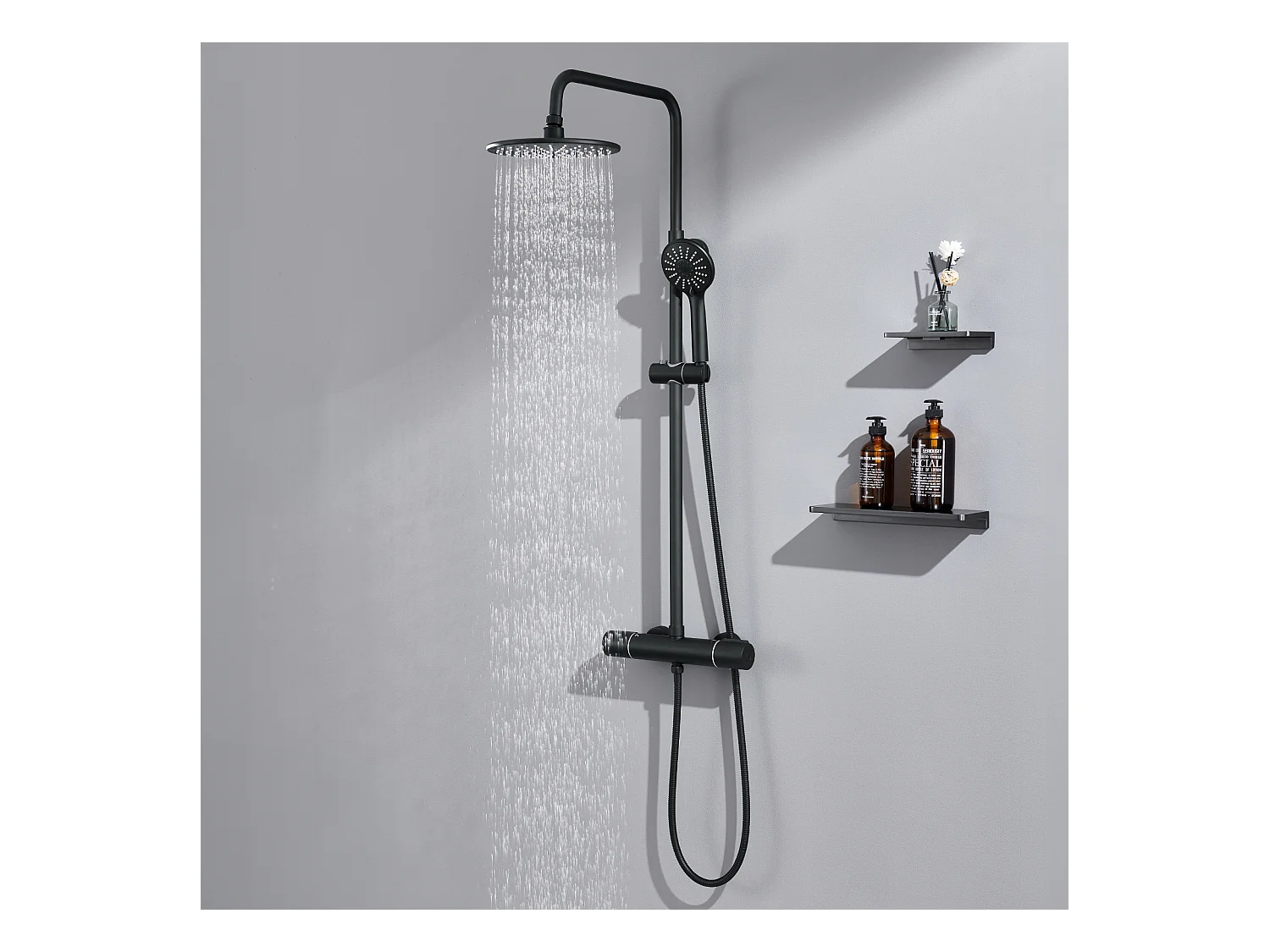 AURALUM MAX Schwarze Thermostat-Duschsäule mit 38°C Thermostatmischer, höhenverstellbare Duschsäule, 3-Strahl-Duschkopf/Handbrause