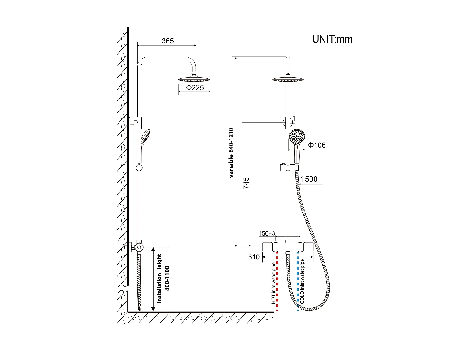 AURALUM MAX Schwarze Thermostat-Duschsäule mit 38°C Thermostatmischer, höhenverstellbare Duschsäule, 3-Strahl-Duschkopf/Handbrause
