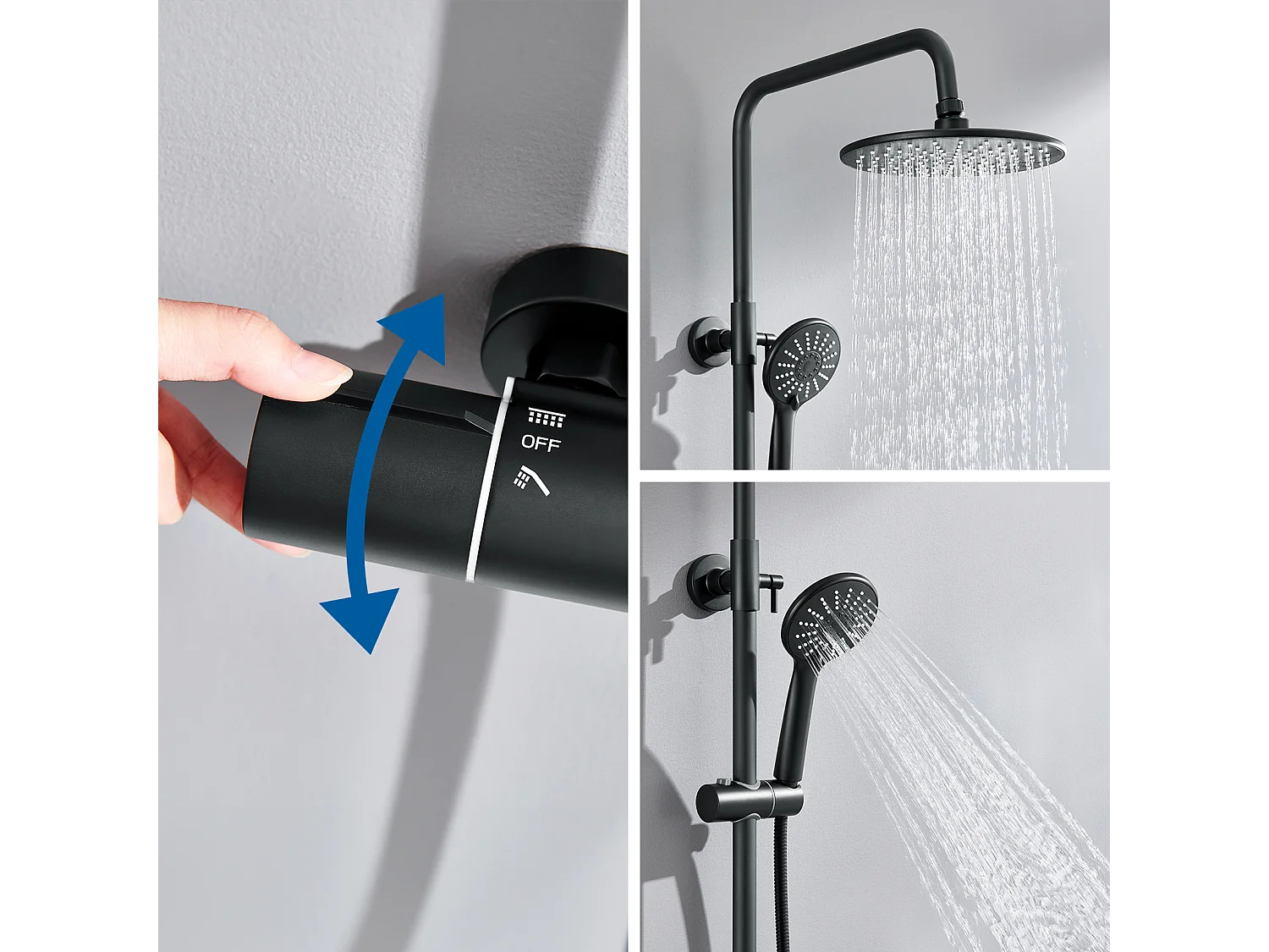 AURALUM MAX Columna Ducha Termostática Negro con Mezclador Termostático de 38°C,ColumnaDucha Ajustable Altura, Cabezal de Ducha/Pomo de Mano 3 Jets