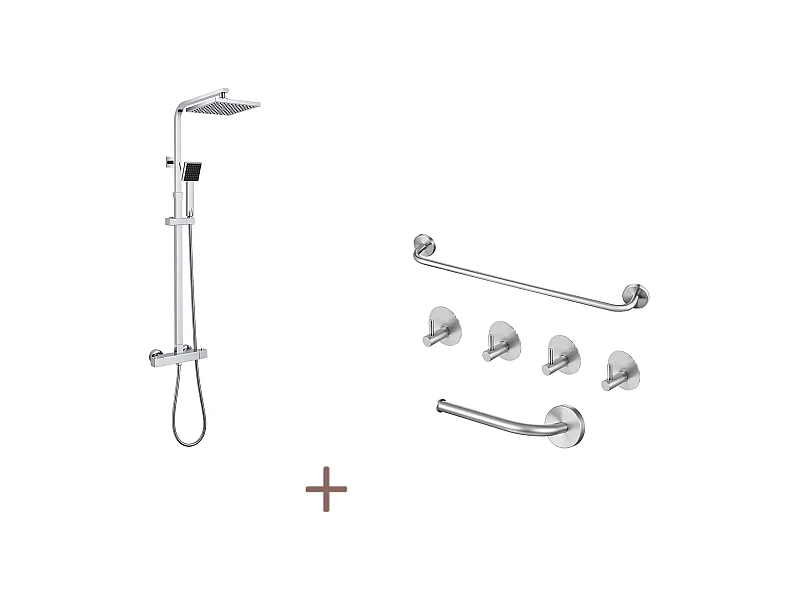 Auralum max quadratische Thermostat-Duschsäule, Duschsystem aus Messing + 6-teiliges Badezimmer-Zubehörset, Edelstahl, gebürstet