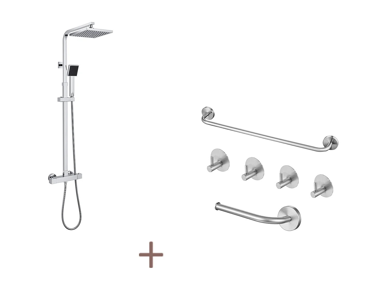 Auralum max Vierkante thermostatische douchekolom, messing body douchesysteem + badkamerset 6-delig accessoire, roestvrij staal, geborsteld