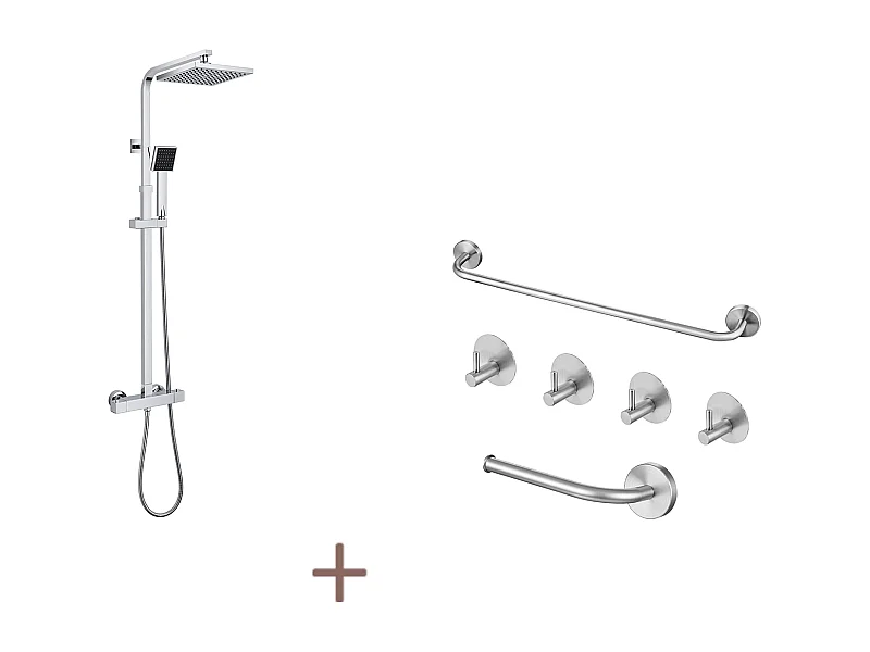 Auralum max Colonne de Douche Thermostatique Carré,Système de Douche Corps en Laiton+Ensemble Salle Bain Accessoire 6 Pièces,Inox,Brossé