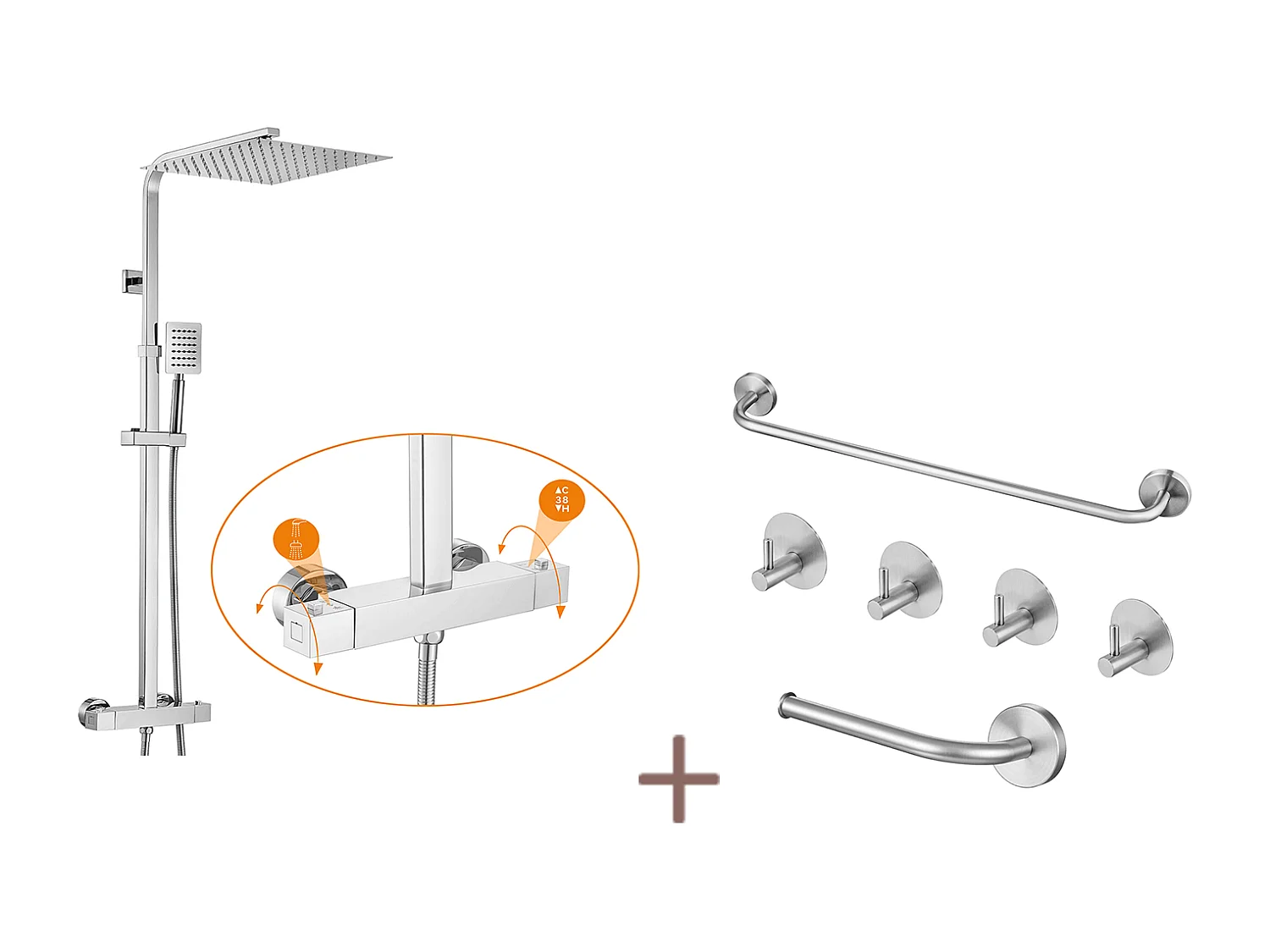 Auralummax Thermostat-Duschsäule, höhenverstellbar 96-130cm, Duschkopf 30x30cm, Chrom + Bad-Zubehör-Set 6-teilig, Edelstahl, gebürstet