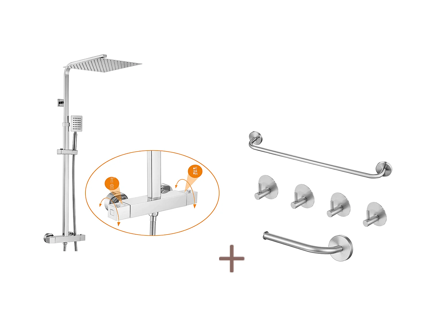Auralummax Colonne Douche Thermostatique Hauteur Réglable 96-130cm,Pommeau Douche 30x30CM,Chromé+Ensemble Salle Bain Accessoire 6 Pièces,Inox,Brossé