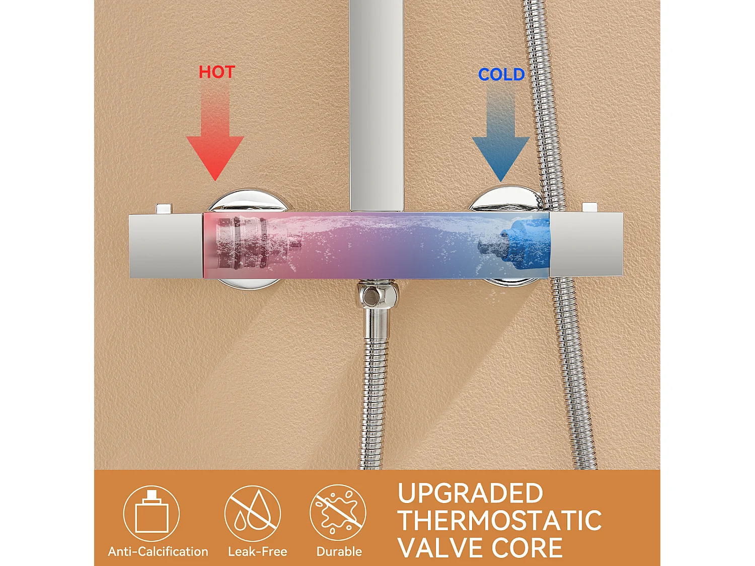 AuralumMax Thermostatische Douchekolom In Hoogte Verstelbaar 96-130cm, Douchekop 30x30CM, Verchroomd + Set Badkamer Accessoire 6 Stuks, RVS, Geborsteld