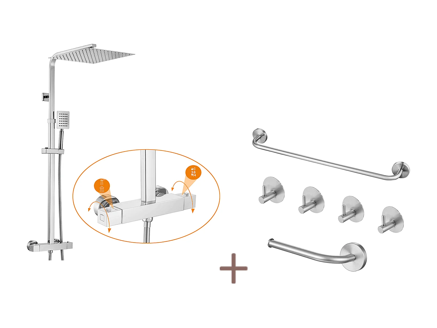 Auralummax Colonne Douche Thermostatique Hauteur Réglable 96-130cm,Pommeau Douche 30x30CM,Chromé+Ensemble Salle Bain Accessoire 6 Pièces,Inox,Brossé
