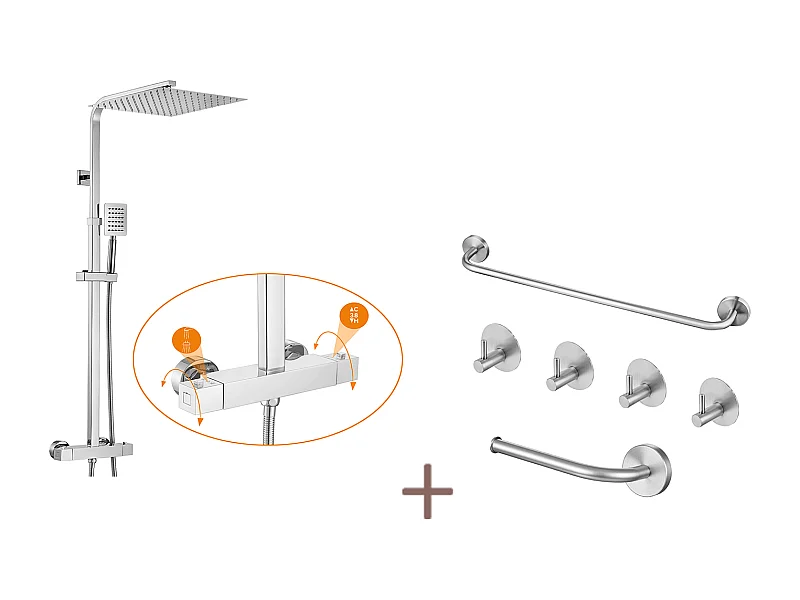 Auralummax Colonne Douche Thermostatique Hauteur Réglable 96-130cm,Pommeau Douche 30x30CM,Chromé+Ensemble Salle Bain Accessoire 6 Pièces,Inox,Brossé