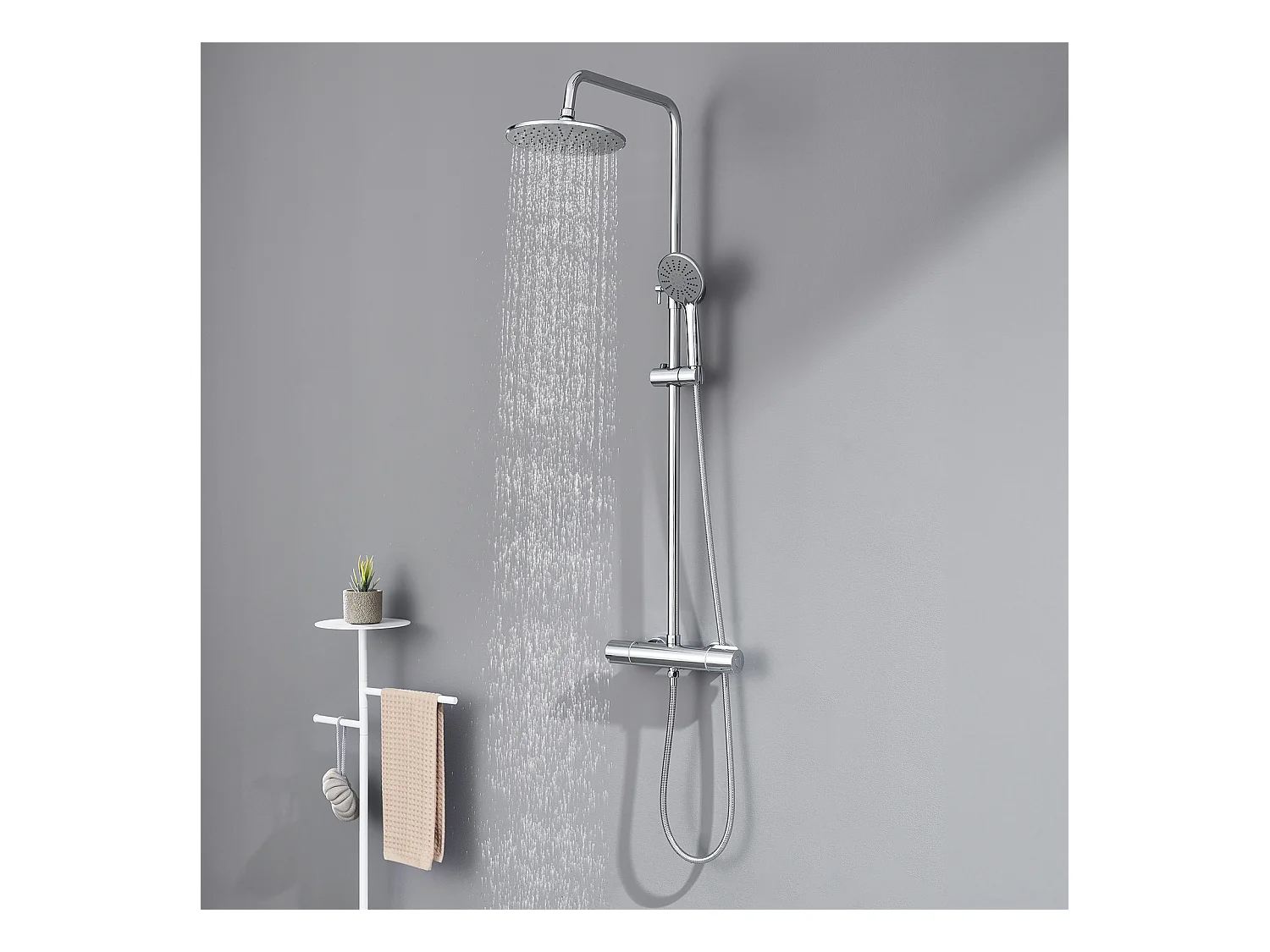 AURALUM MAX Colonne douche avec mitigeur thermostatique,douche pluie 225 mm,douchette (3 jets),support,flexible douche,barre/douche  tête1 jet,Chromé