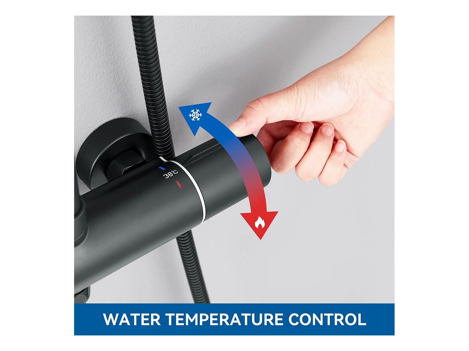 Zwarte Thermostatische Douchekolom met Mengkraan, Thermostatisch DouchesysteemUe 38°C, In hoogte verstelbaar met douche 3 jets en regen 22.5mm