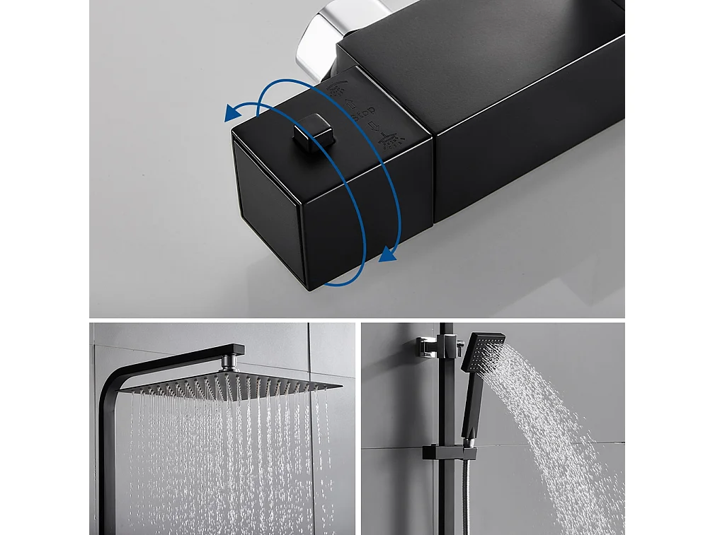 Colonne de Douche Thermostatique Ensemble de Douche Noir Hauteur Réglable Set de Douche Noir avec Mitigeur Systeme de Douche Pluie pour Salle de Bain