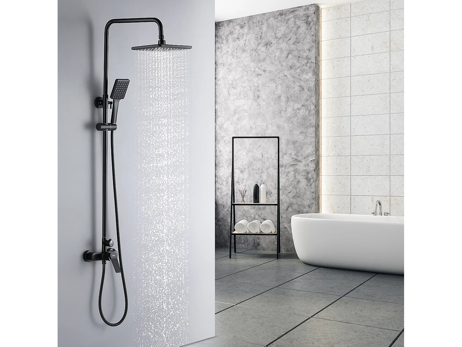 Colonne de douche Interrupteur à poignée Ensemble de douche+Bonde de Lavabo Bonde Pop-up avec Trop-plein Automatique Universelle,Noir