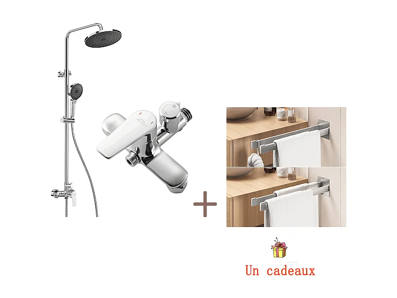 Colonna Doccia Cromata, con Miscelatore, Regolabile in Altezza 103-139 cm, con Doccia 3 Jets+PorTe Asciugamano Bagno Adesivo/Foratura, Spazzolato