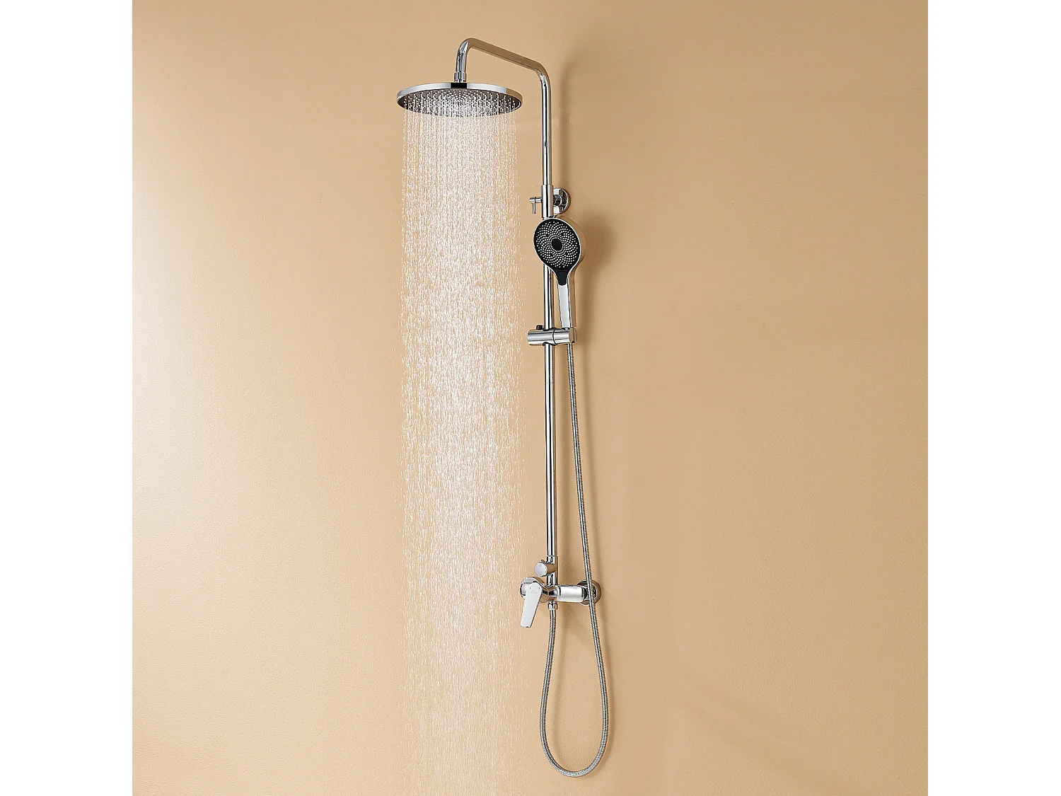 Colonne de Douche Chromé,avec Mitigeur,Réglable en Hauteur 103-139 cm,avec Douchette 3 Jets+Porte Serviette Salle Bain Adhésif/Perçage,Brossé