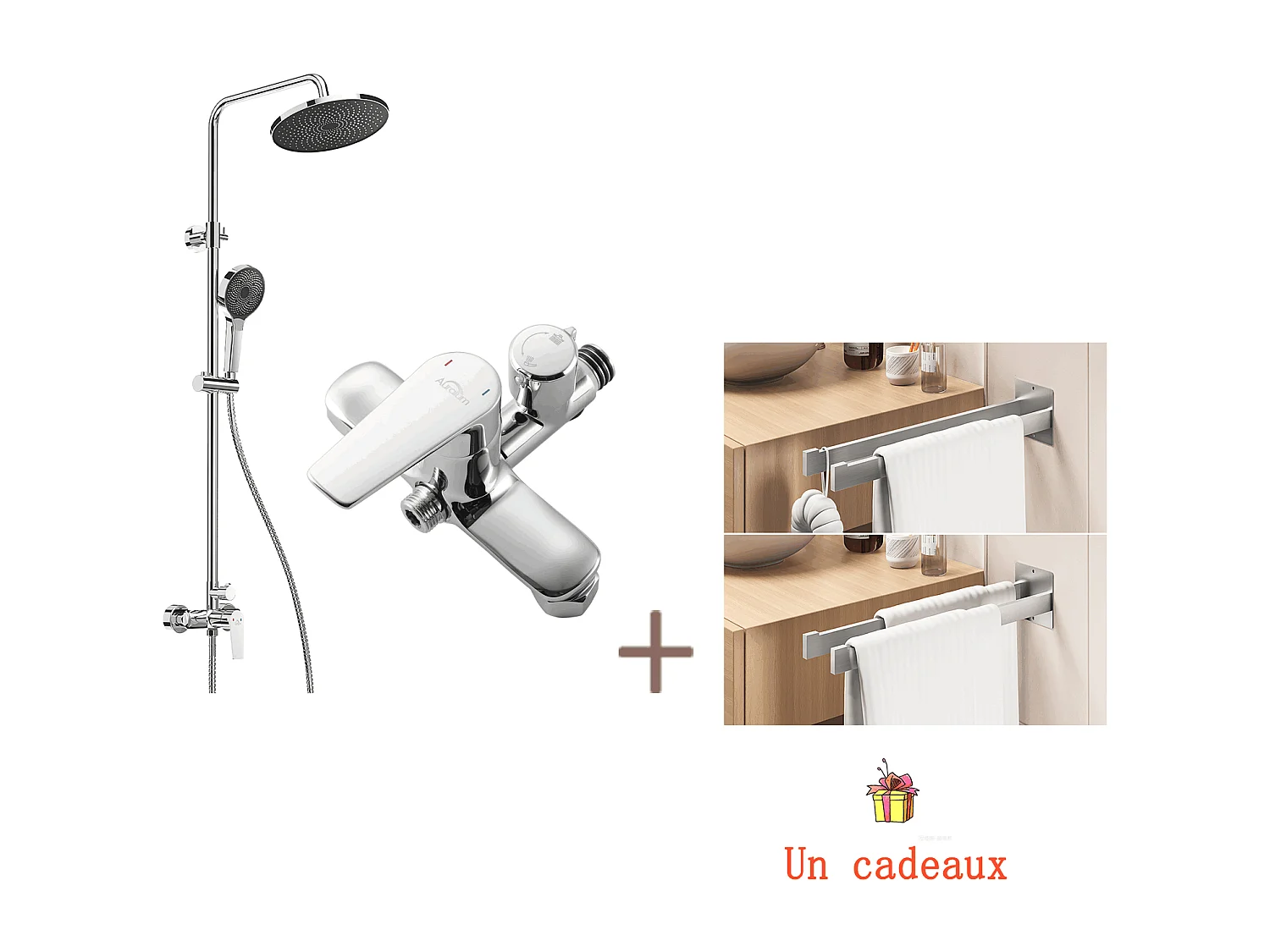Colonne de Douche Chromé,avec Mitigeur,Réglable en Hauteur 103-139 cm,avec Douchette 3 Jets+Porte Serviette Salle Bain Adhésif/Perçage,Brossé