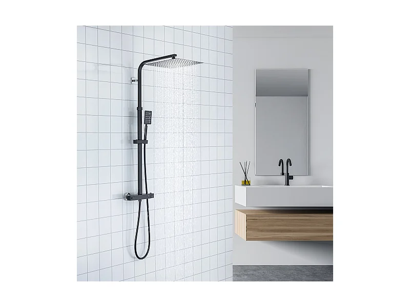 Thermostatische Duschsäule, höhenverstellbarer Duschkopf 30 x 30 cm, schwarze Duschsäule aus Edelstahl, thermostatischer Badezimmermischer