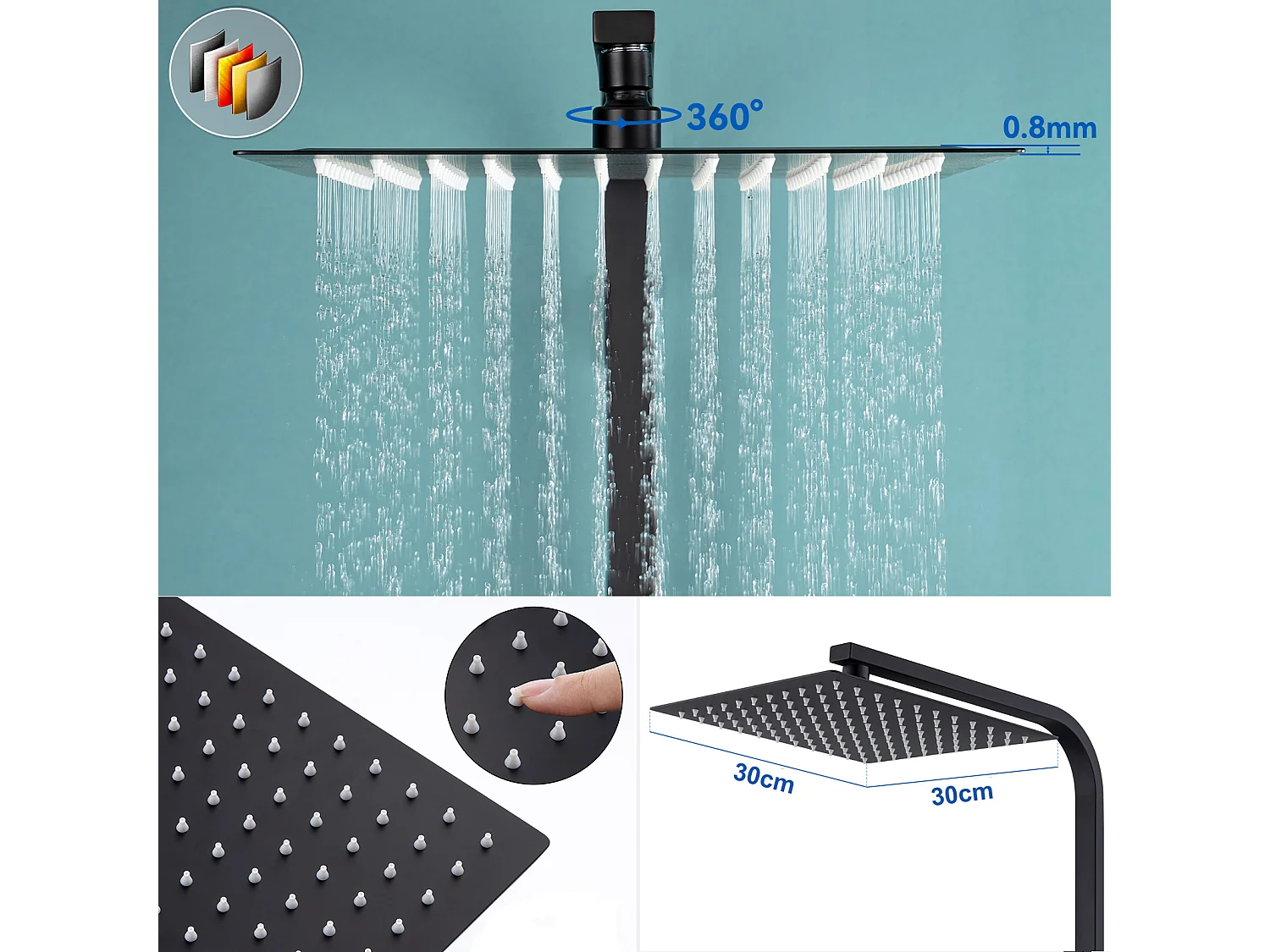 Colonne de Douche Thermostatique,Réglable Hauteur 30x30CM Pommeau de Douche,Colonne Douche Noir Acier Inoxydable,Mitigeur Thermostatique Salle Bain