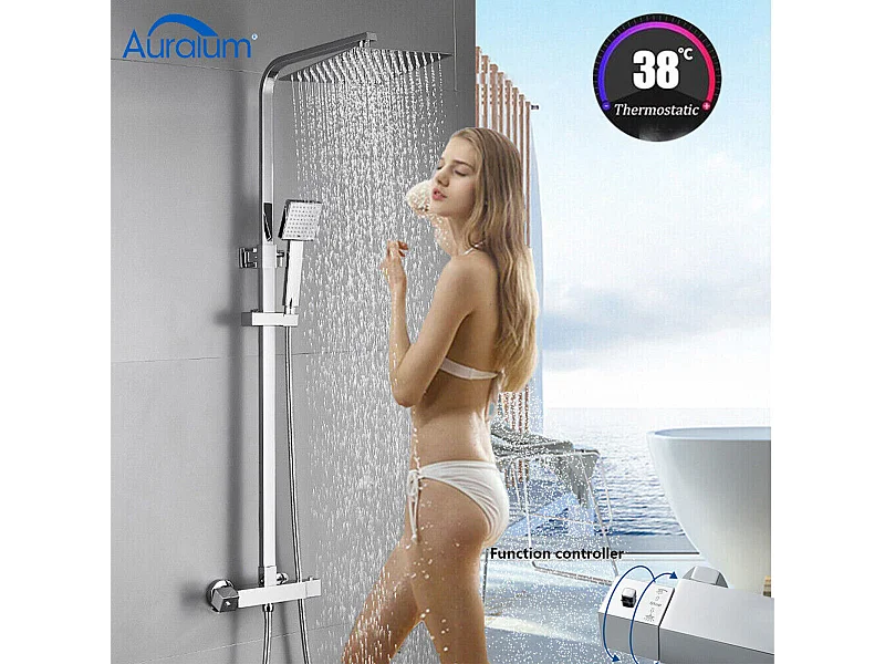 AURALUM MAX Système douche avec thermostat,douche effet pluie, colonne douche en Laiton avec pommeau douche/douchette à main,barre de douche réglable