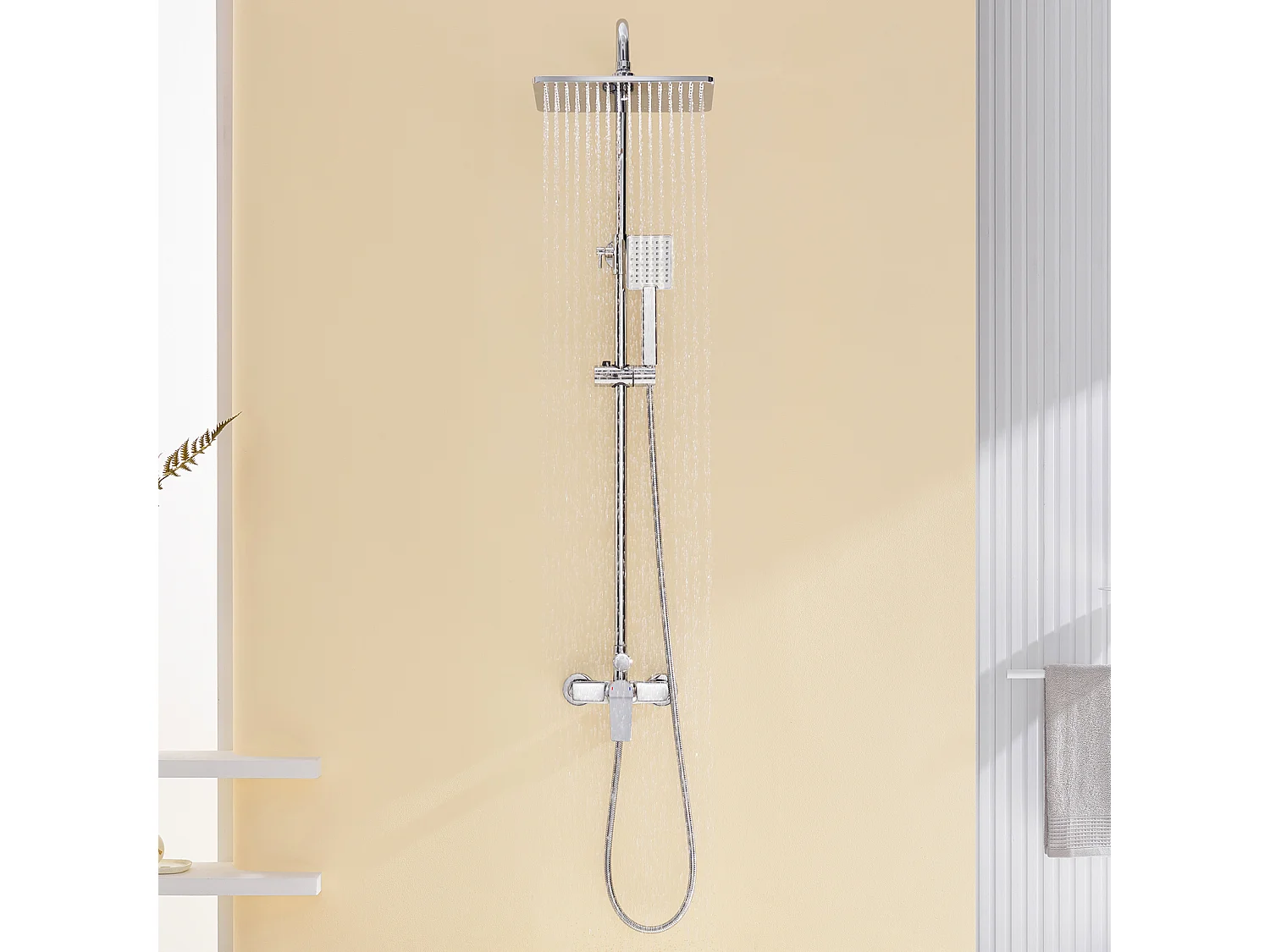 Colonne  Douche Chromé avec Mitigeur Hauteur Réglable entre 90-124cm,Systèmede Douche avec Douchette 29x19cm et Pommeau Douche pour Salle Bain