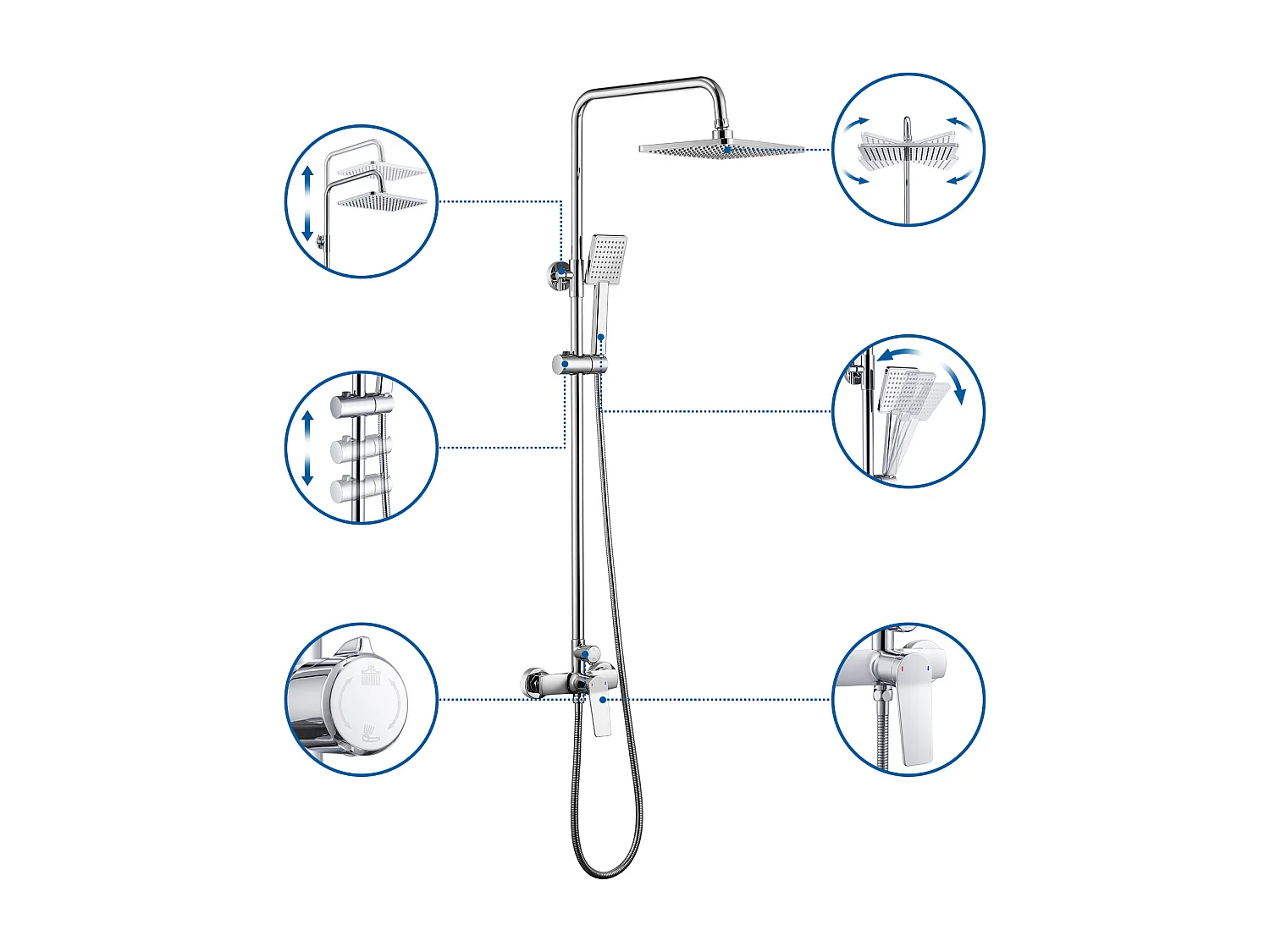 Colonne  Douche Chromé avec Mitigeur Hauteur Réglable entre 90-124cm,Systèmede Douche avec Douchette 29x19cm et Pommeau Douche pour Salle Bain