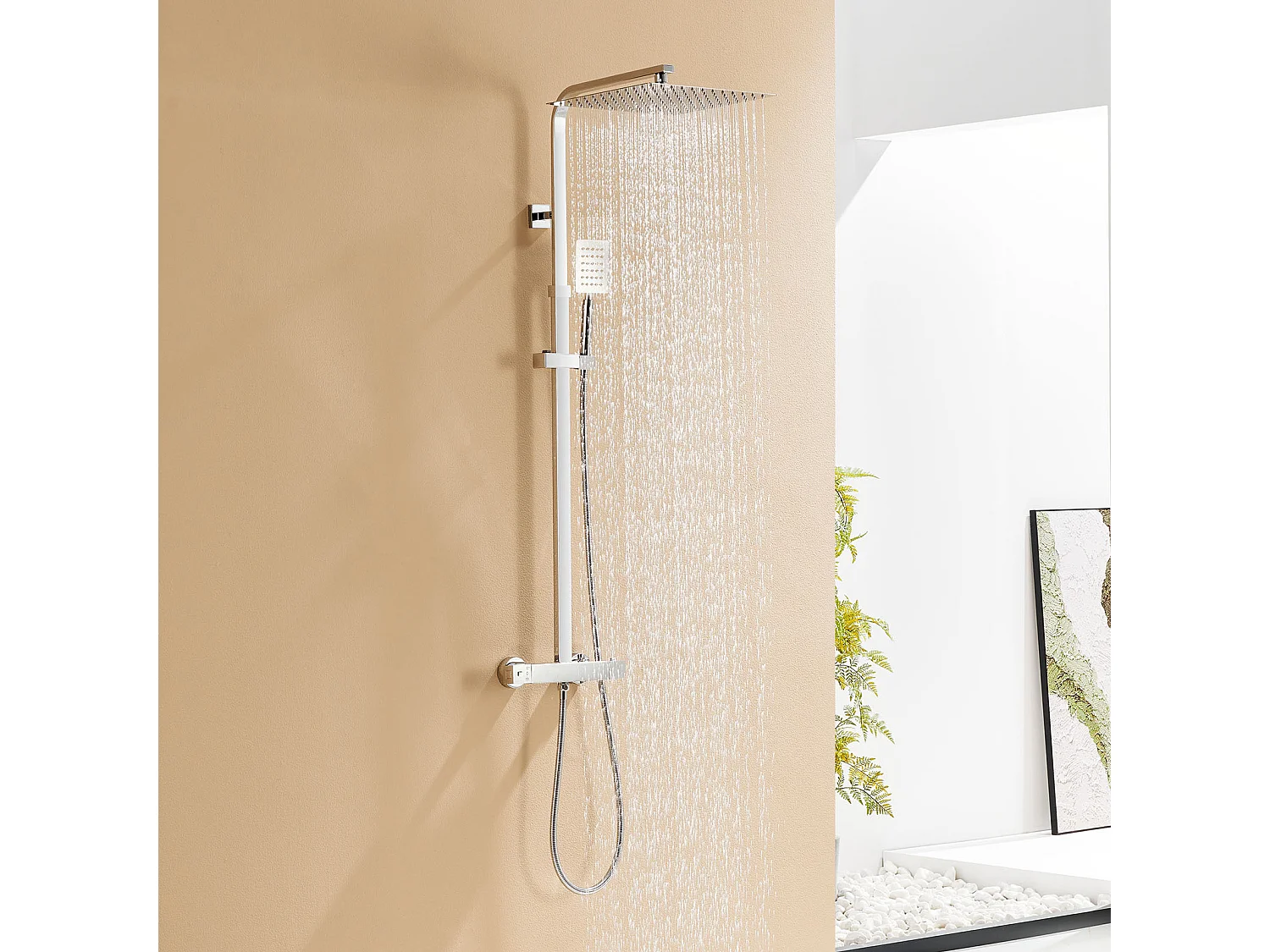 Colonne Douche Thermostatique 2 Fonctions Ensemble Douche Thermostat,Tête douche 12 pouces,Système Douche, Hauteur Réglable 96-130cm,Chromé