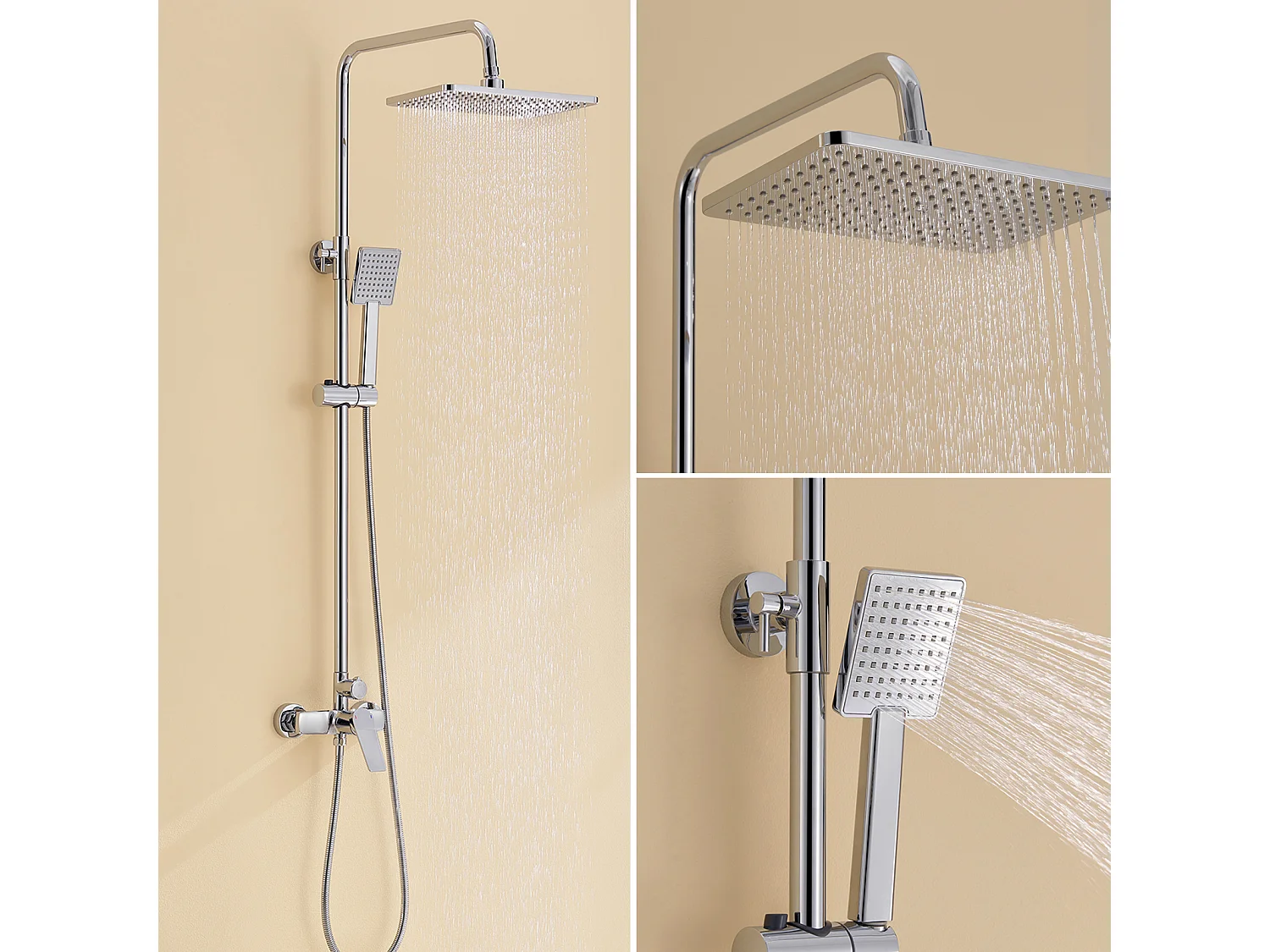 Colonne Douche Mécanique,Hauteur Réglable 90-1240mm Set de Douche en Laiton Chromé+60cm Porte-Serviettes Salle Bain Auto-adhésif ou Perçage en Inox