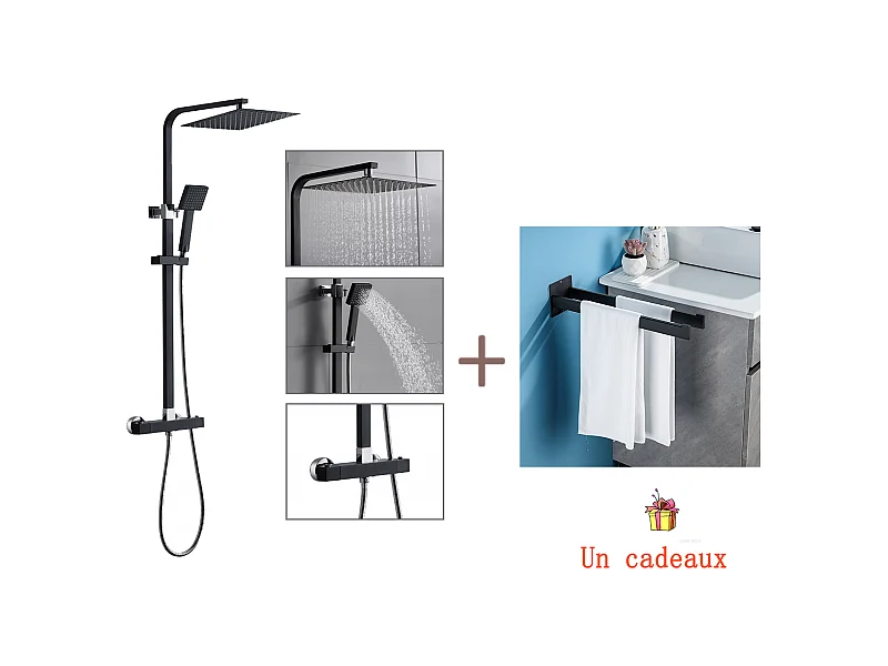 Colonne Douche Thermostatique Noir avec 9,7 Pouces Spray Supérieur Ultra-mince pour Salle de Bain+Porte Serviette Salle Bain Adhésif/Perçage,Noir