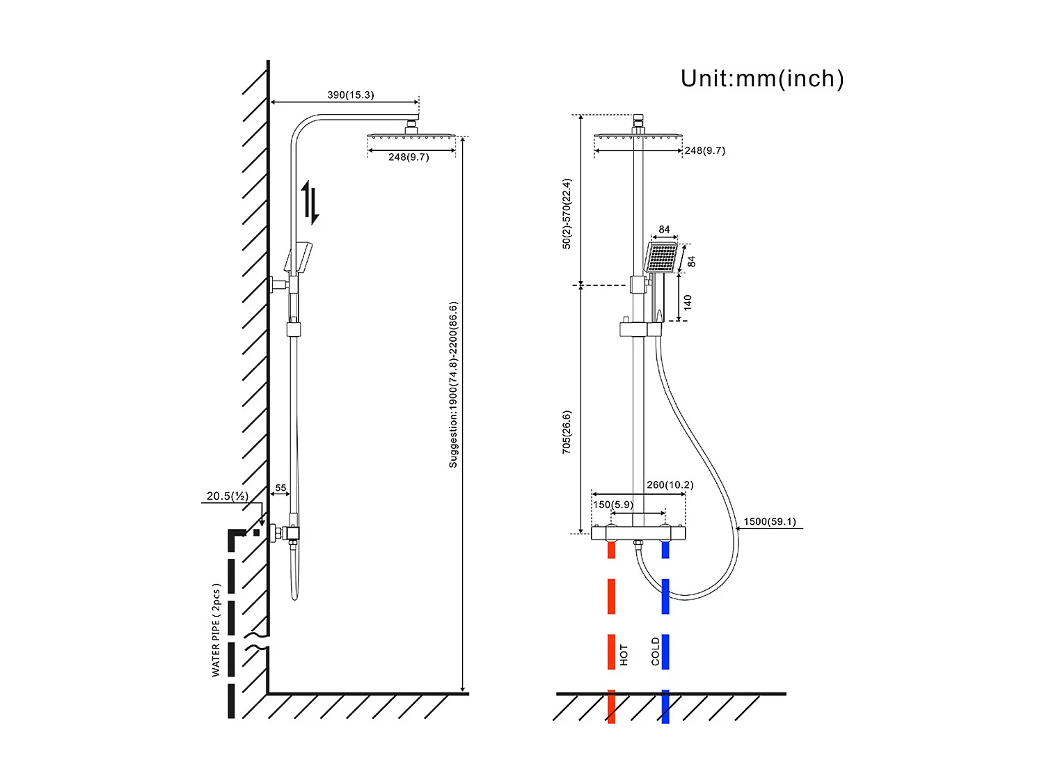 Colonna Doccia Termostatica Nera con 9,7 Pollici Spray Superiore Ultra-sottile per Bagno+Porta Asciugamano Bagno Adesivo/Foratura,Nero