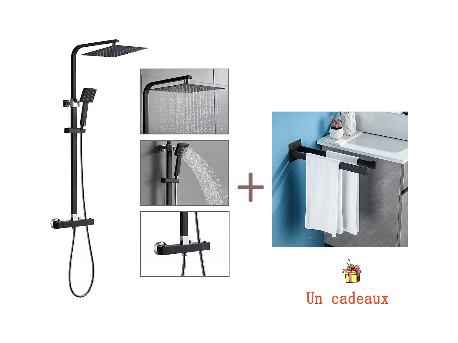 Zwarte thermostatische douchekolom met 9,7 inch superdunne bovenspray voor badkamer + handdoekhouder badkamer klevend/boren, zwart