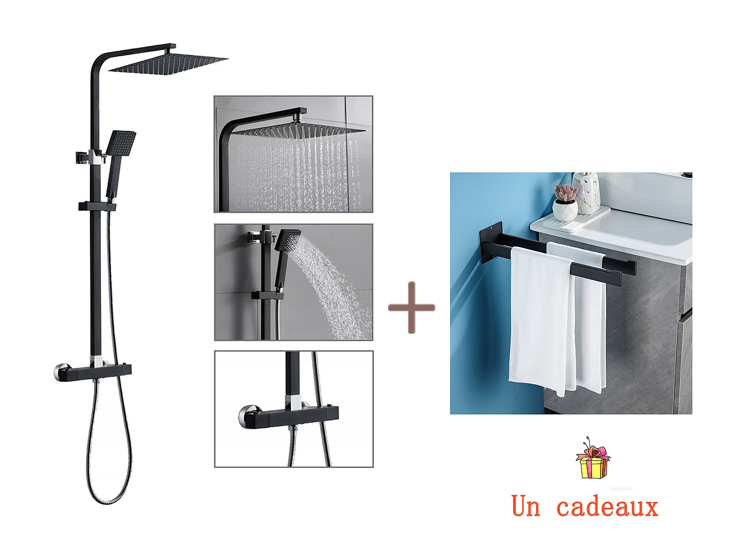 Schwarze thermostatische Duschsäule mit 9,7 Zoll ultradünner Oberbrause für Badezimmer + Badezimmer-Handtuchhalter zum Kleben/Bohren,Schwarz