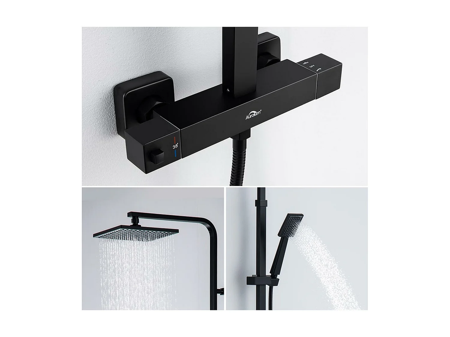 Colonne de Douche Noire Thermostatique,Tête de Douche Carrée 21.5cm,Ensemble Douche Hauteur Réglable,avec Mitigeur Thermostat de Laiton