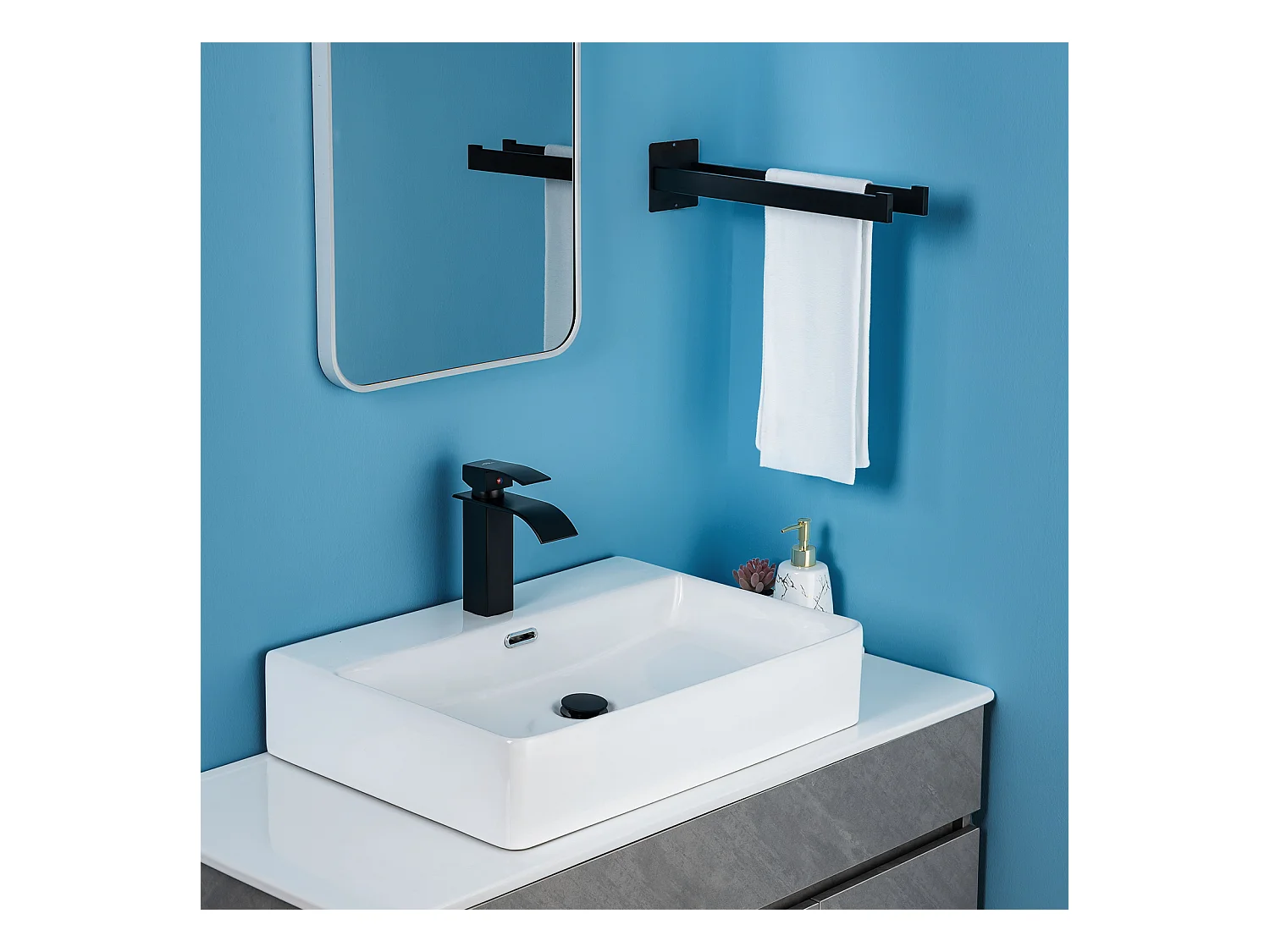 Colonne de douche Interrupteur à poignée Ensemble de douche+Porte Serviette Salle Bain Adhésif/Perçage,Barres Porte Serviettes Mural en Inox,Noir