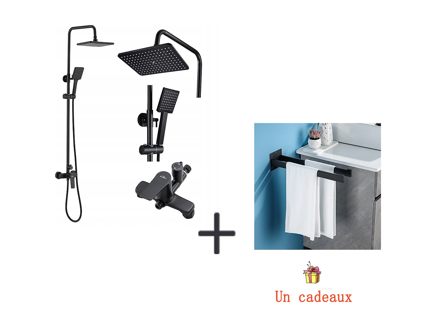 Colonne de douche Interrupteur à poignée Ensemble de douche+Porte Serviette Salle Bain Adhésif/Perçage,Barres Porte Serviettes Mural en Inox,Noir