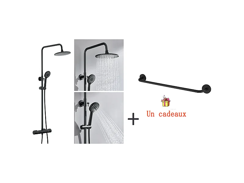 Schwarze Duschsäule mit 38°C Thermostatmischer, höhenverstellbar, 3-Strahl-Handbrause + Badezimmer-Handtuchhalter, selbstklebend/bohrbar, 60CM