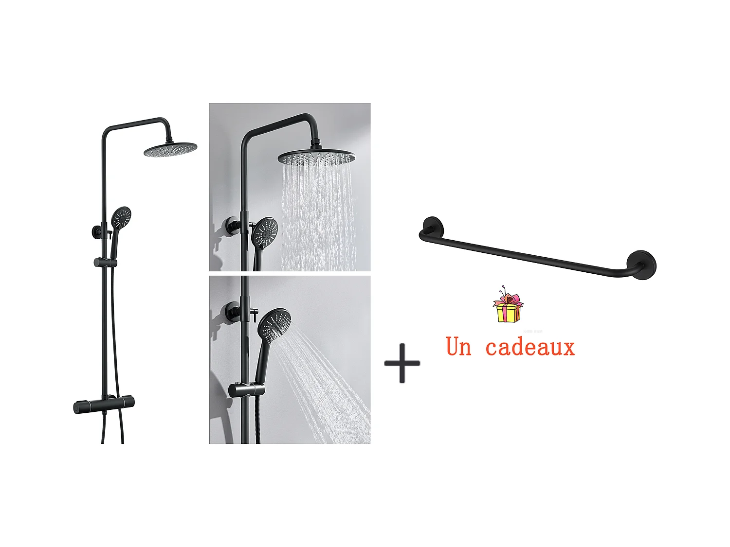 Colonne Douche Noir avec Mitigeur Thermostatique de 38°C,Réglable Hauteur,Pommeau Main 3 Jets+Porte-Serviettes Salle Bain,Auto-adhésif/ Perçage,60CM