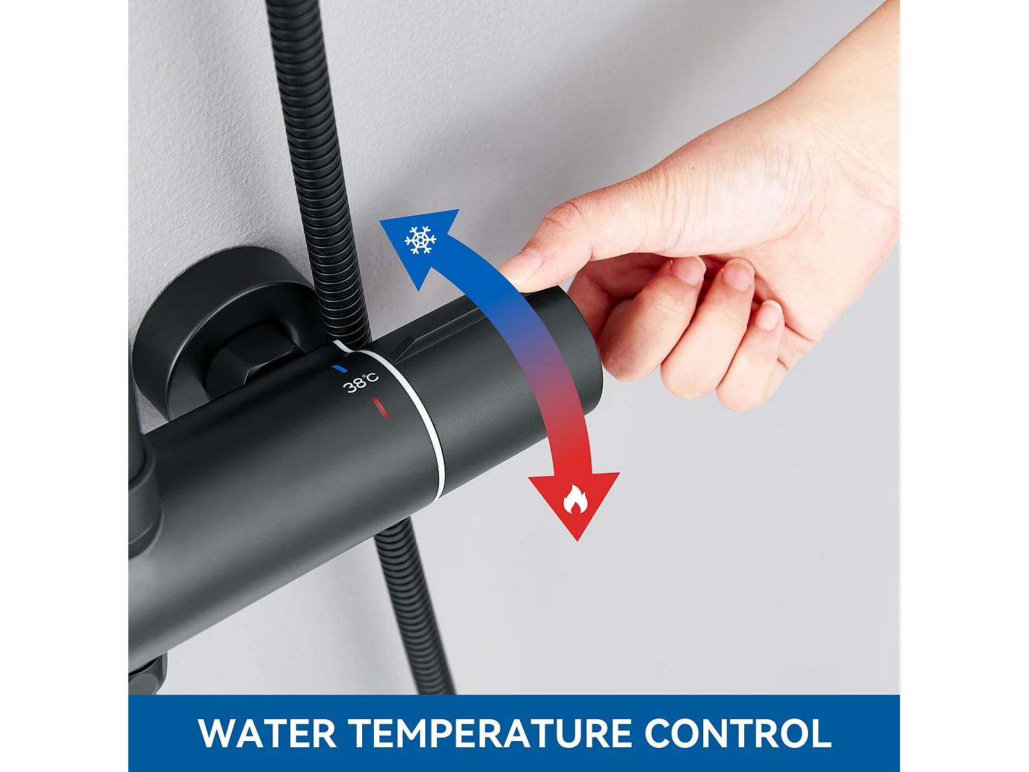 Colonne Douche Noir avec Mitigeur Thermostatique de 38°C,Réglable Hauteur,Pommeau Main 3 Jets+Porte-Serviettes Salle Bain,Auto-adhésif/ Perçage,60CM