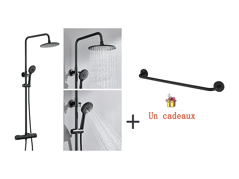 Colonne Douche Noir avec Mitigeur Thermostatique de 38°C,Réglable Hauteur,Pommeau Main 3 Jets+Porte-Serviettes Salle Bain,Auto-adhésif/ Perçage,60CM