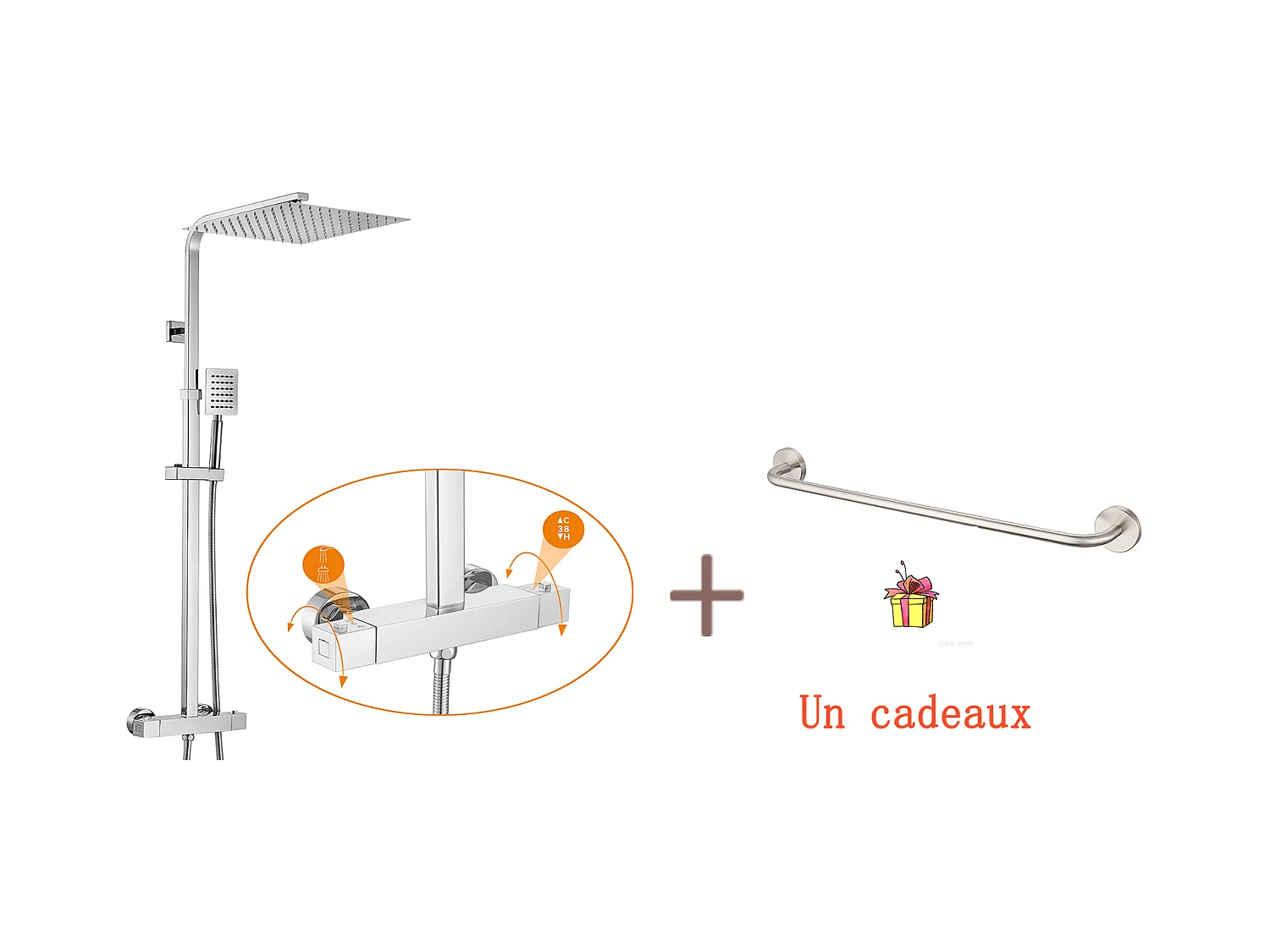 AURALUM MAX Colonne de Douche Thermostatique Hauteur Réglable entre 96-130cm,Chromé+60cm Porte-Serviettes Salle Bain Auto-adhésif ou Perçage en Inox