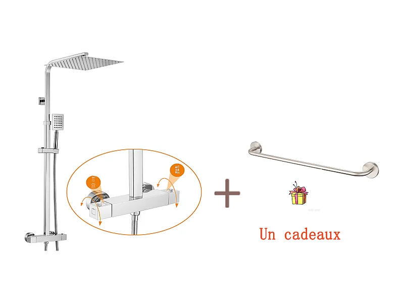 AURALUM MAX Colonne de Douche Thermostatique Hauteur Réglable entre 96-130cm,Chromé+60cm Porte-Serviettes Salle Bain Auto-adhésif ou Perçage en Inox