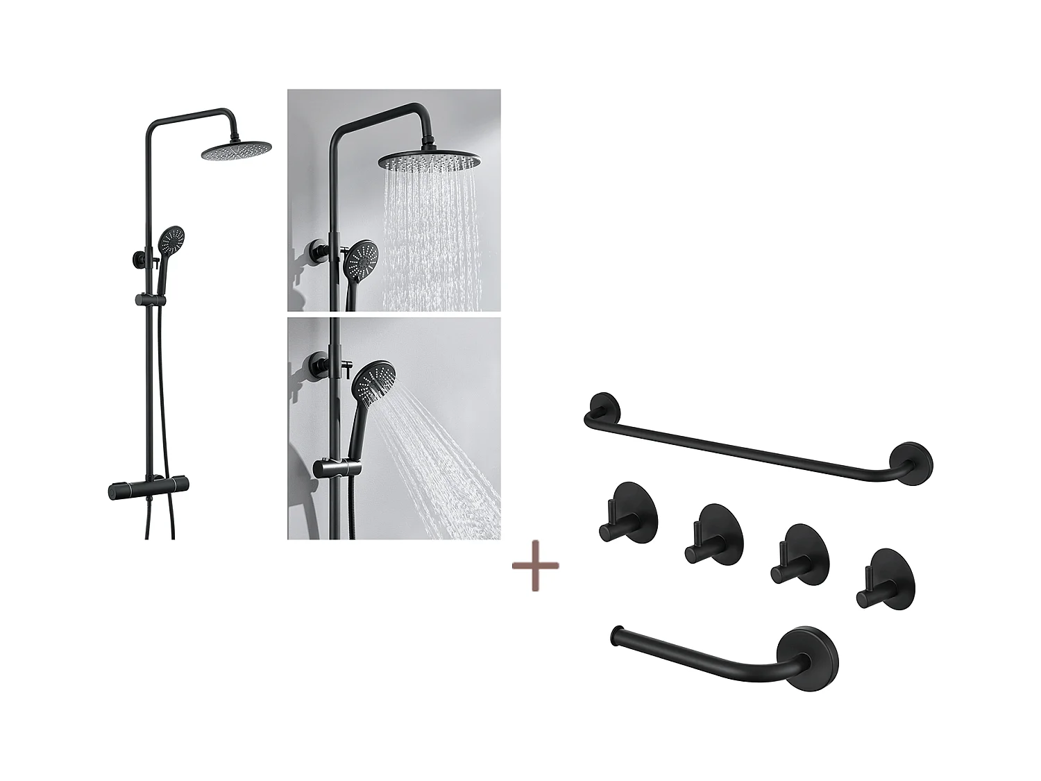 Colonne Douche Noir avec Mitigeur Thermostatique de 38°C,Réglable Hauteur,Pommeau Main 3 Jets+Ensemble Salle Bain Accessoire 6 Pièces,Inox,Noir