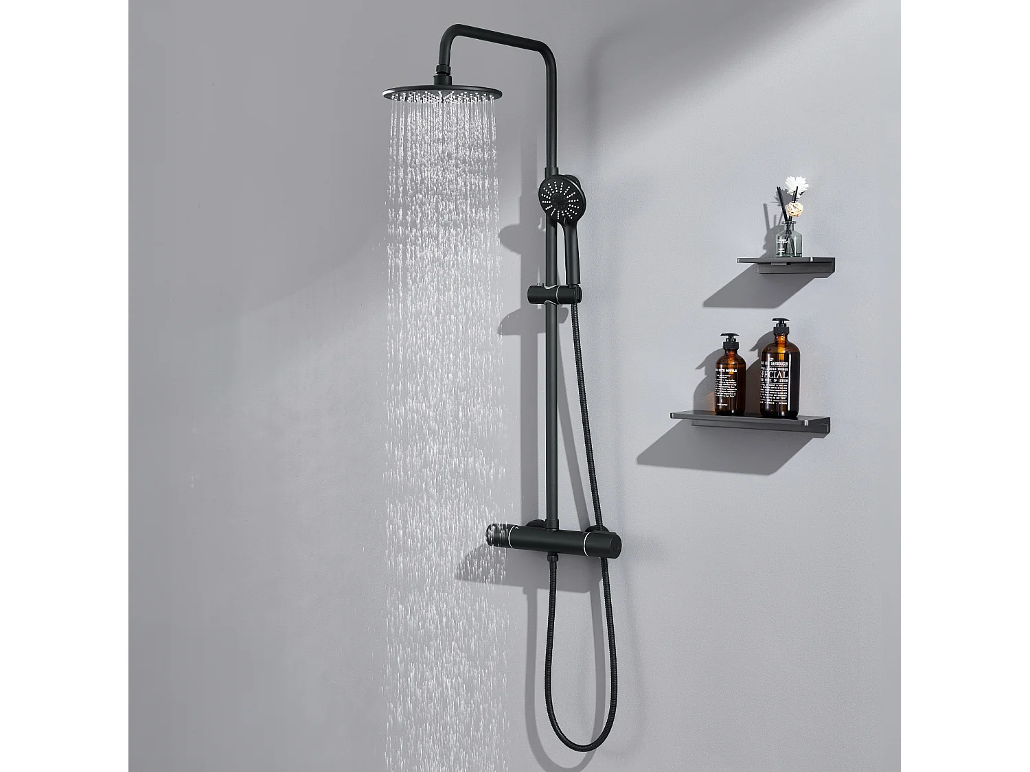 Colonne Douche Noir avec Mitigeur Thermostatique de 38°C,Réglable Hauteur,Pommeau Main 3 Jets+Ensemble Salle Bain Accessoire 6 Pièces,Inox,Noir