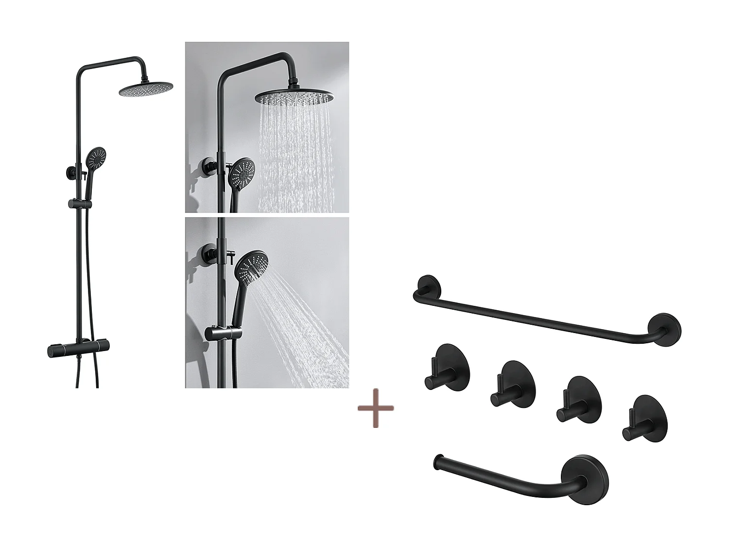 Schwarze Duschsäule mit 38 °C Thermostatmischer, verstellbare Höhe, 3-Strahl-Handbrause + 6-teiliges Badezimmer-Zubehörset, Edelstahl, Schwarz